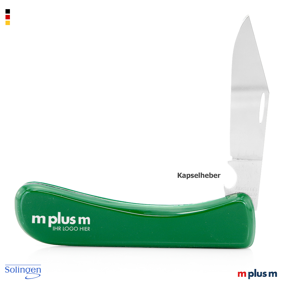 Solinger Taschenmesser mit grünen Schalen und polierter Klinge mit Kapselheber. Werbeartikel 'Made in Germany'