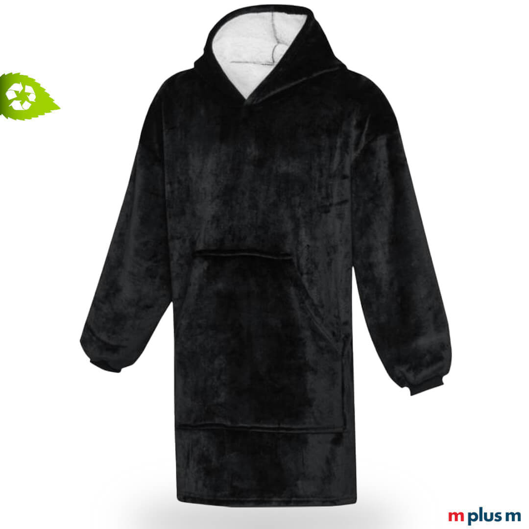 Schwarzer, flauschiger Fleece-Hoodie mit Kapuze und aufgesticktem Firmenlogo, nachhaltige Kapuzendecke im Oversize-Stil