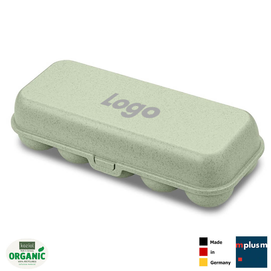 Nachhaltige Eierschachtel aus Bio Kunststoff. Made in Germany und sehr mit Logo oder Motiv zu bedrucken