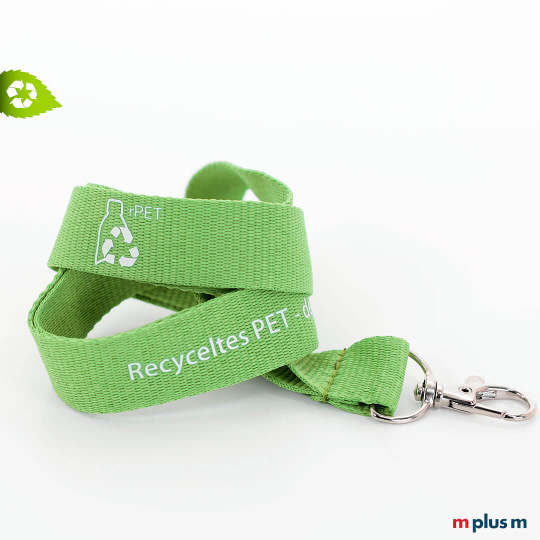 Recycling Lanyard in Farbe Grün mit Logo Druck. Günstiges Giveaway.