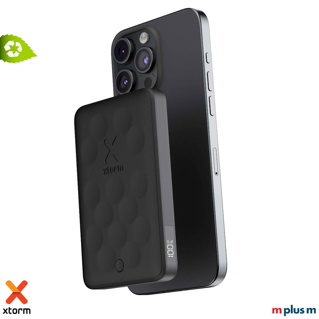 Schwarze MagSafe Powerbank 5000 mAh für iPhone 12+ mit starkem Magnet, USB-C Fast Charge und Logo Druck möglich