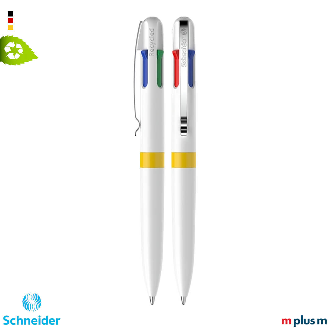 Gelber Schneider Take 4 Promo Kugelschreiber mit dokumentenechten Schreibfarben und glatter Oberfläche, moderner Vierfarbstift hochwertig mit Logo bedrucken