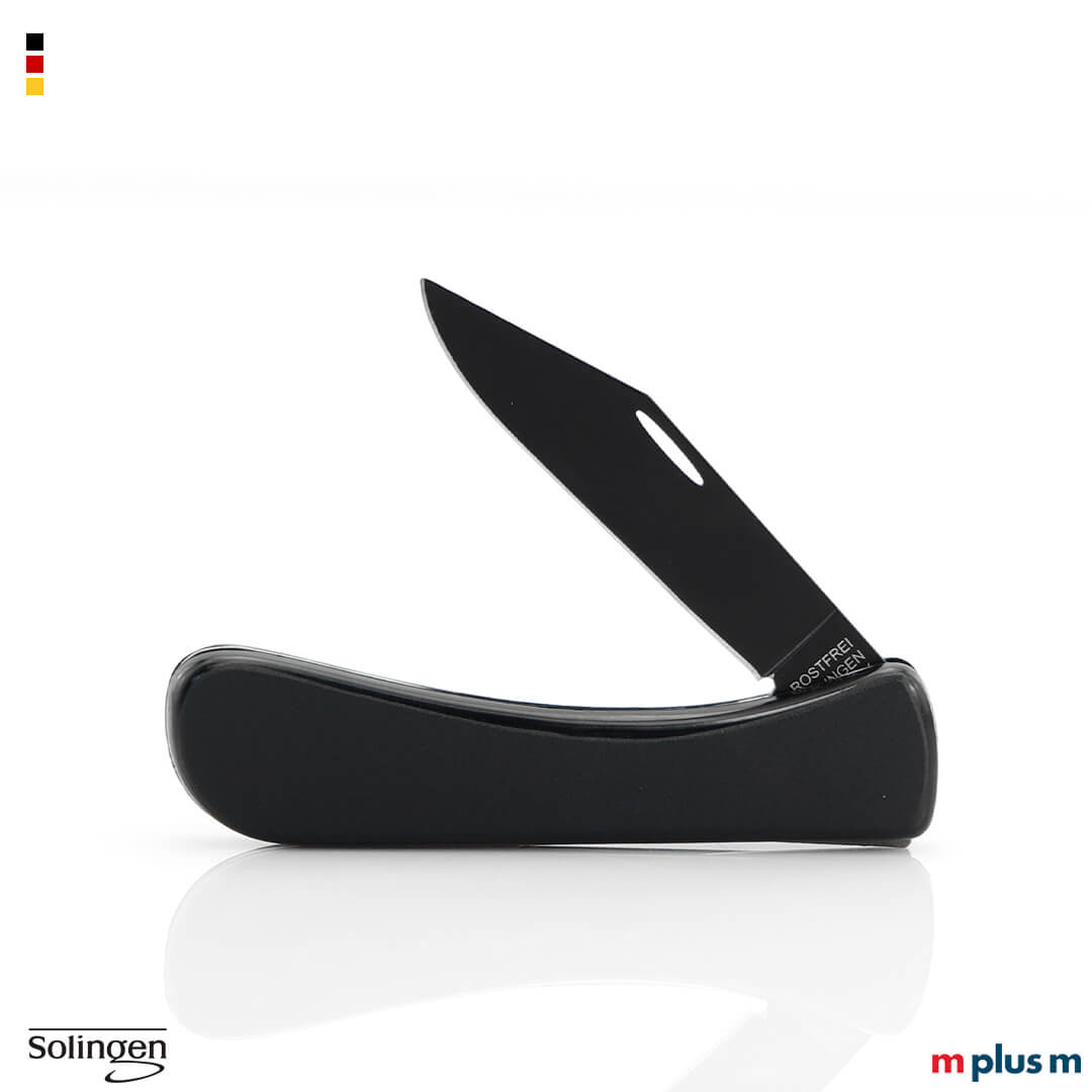 Solinger Taschenmesser mit schwarzen Schalen und Klinge mit Teflonbeschichtung. Preiswerter Werbeartikel 'Made in Germany'