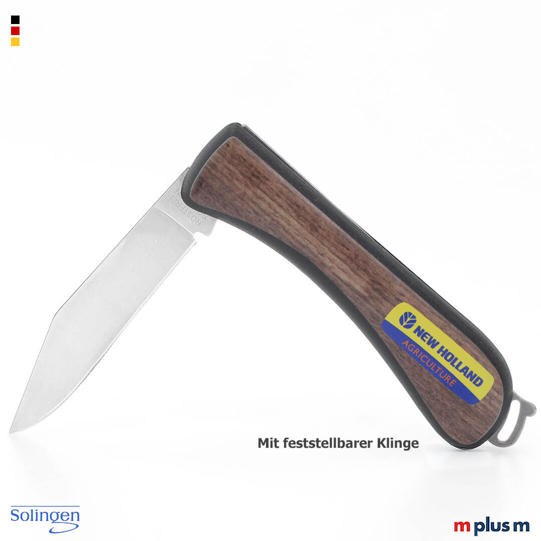 Digitaldruck in Holzoptik und mit Firmenlogo auf Solingen Fixie Taschenmesser