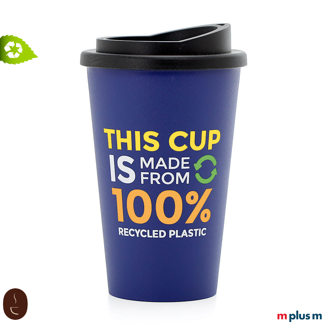 Blauer Coffee To Go Becher aus Recycling Kunststoff mit 4c Logo spülmaschinenfest bedrucken