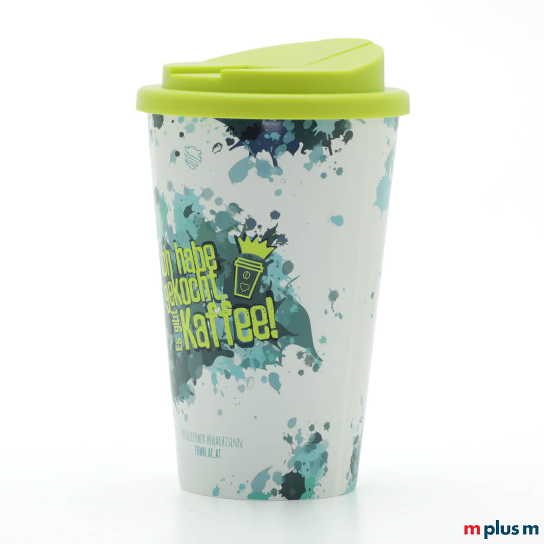 Recycelbarer Allover Coffee Shop Thermobecher 350 ml, BPA-frei und bruchfest, ideal als nachhaltiger Werbebecher mit Logo bedrucken