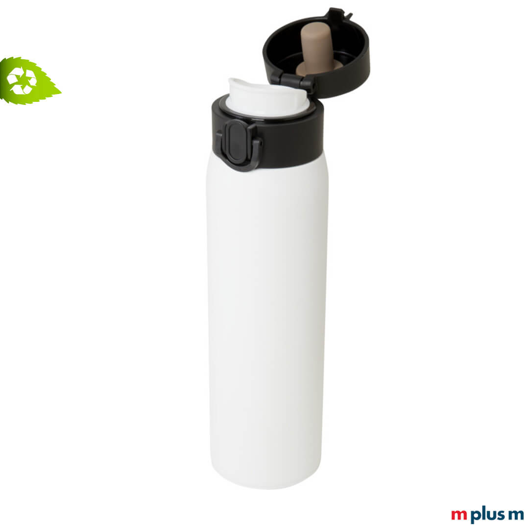 Der Klappdeckel beim weißen Edelstahl Isolierbecher hält dicht und ist mit der Verriegelung auslaufsicher arretierbar.