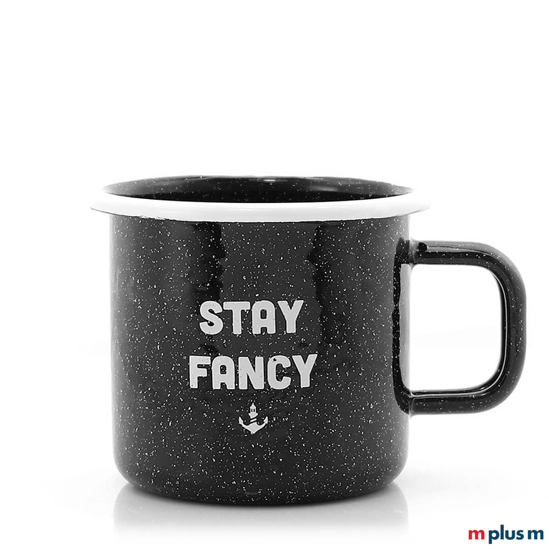 Schwarze Emaille Tasse Mars aus Europa als Werbeartikel