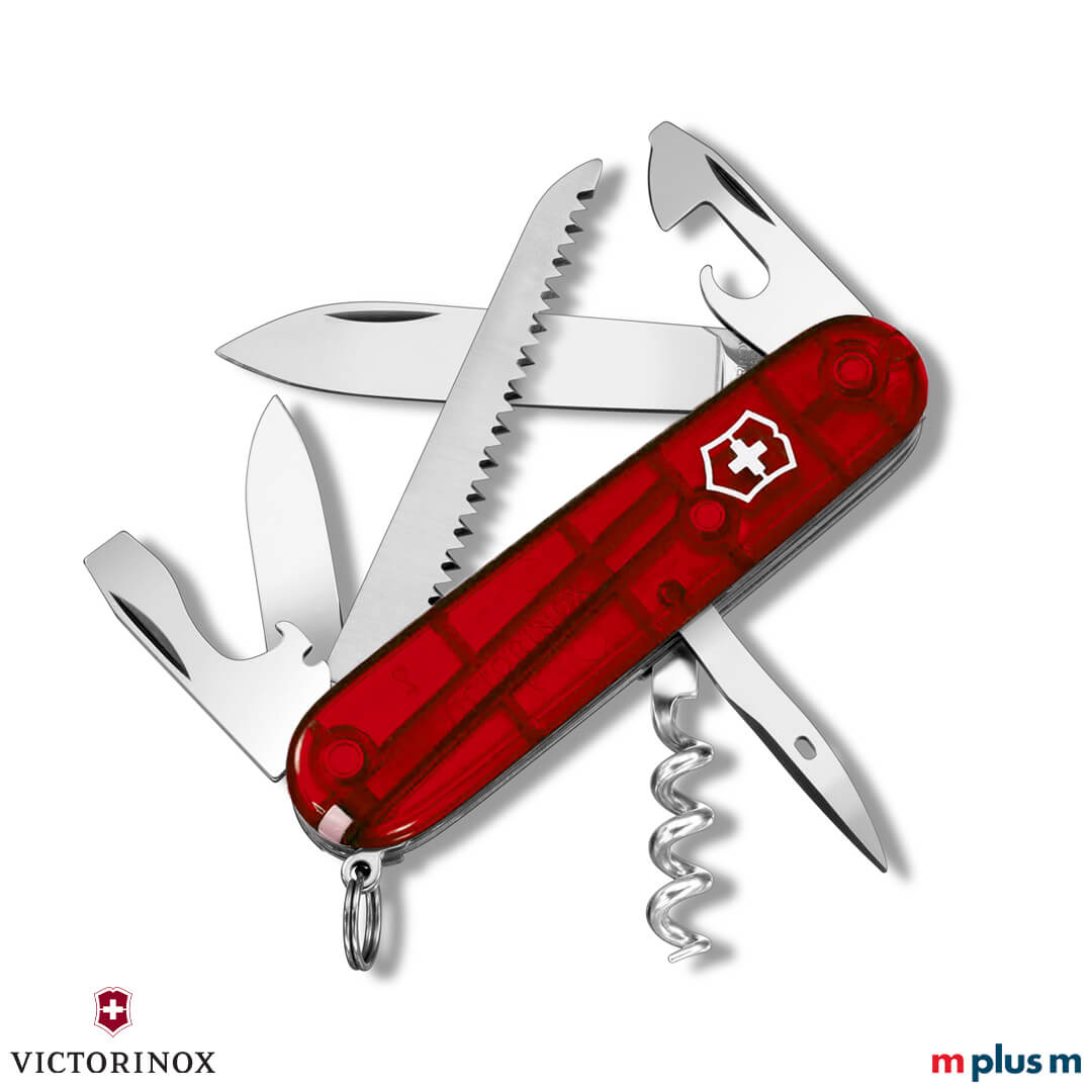Victorinox Camper Taschenmesser in Transparent Rot – Schweizer Taschenmesser mit Logo als Werbegeschenk