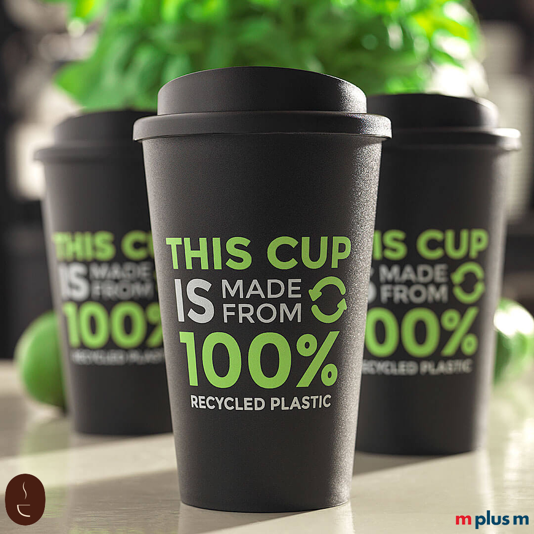 Nachhaltiger Recycling Thermobecher aus Europa spülmaschinenfest mit Logo zu bedrucken