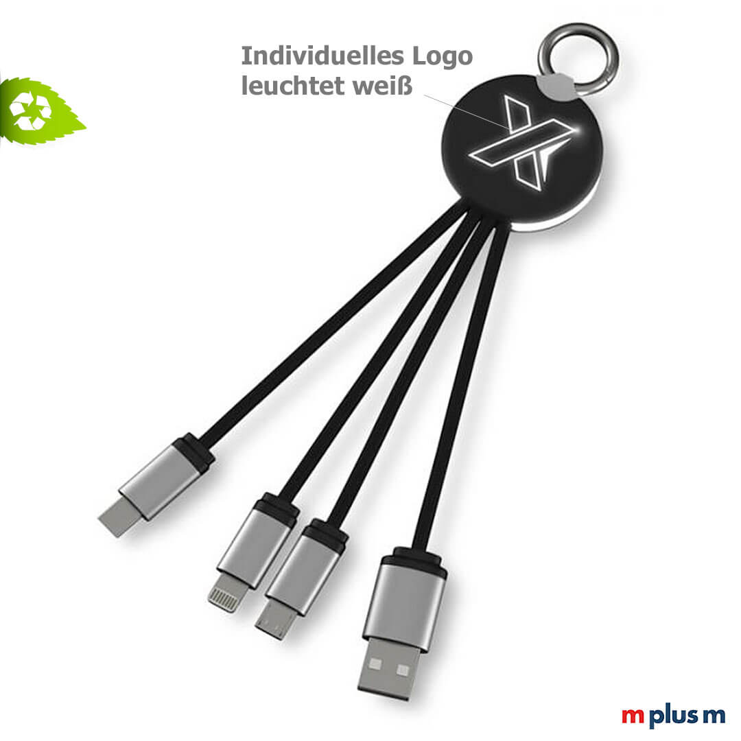 Hochwertiges Ladekabel 'Lumen' 4 in 1 mit individuellem Leucht Logo. Leuchtet weiß. Mit Recycling Material