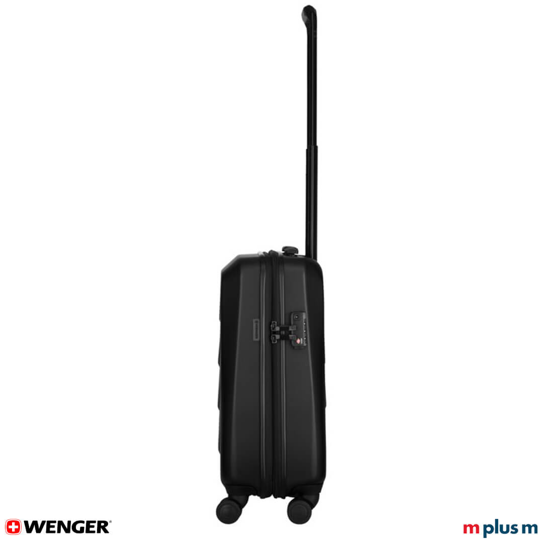 Robuster Wenger Prymo Handgepäckkoffer in Schwarz mit TSA-Zahlenschloss und Double-Coil-Reissverschluss – sicher und stilvoll unterwegs