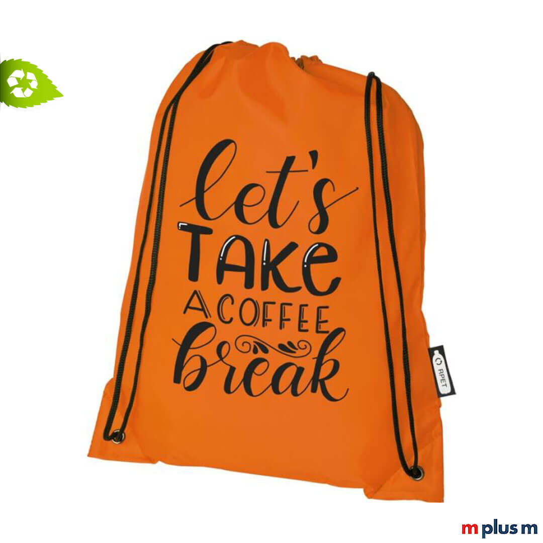 Turnbeutel orange mit Logo aus recycling Flaschen als nachhaltiges Giveaway