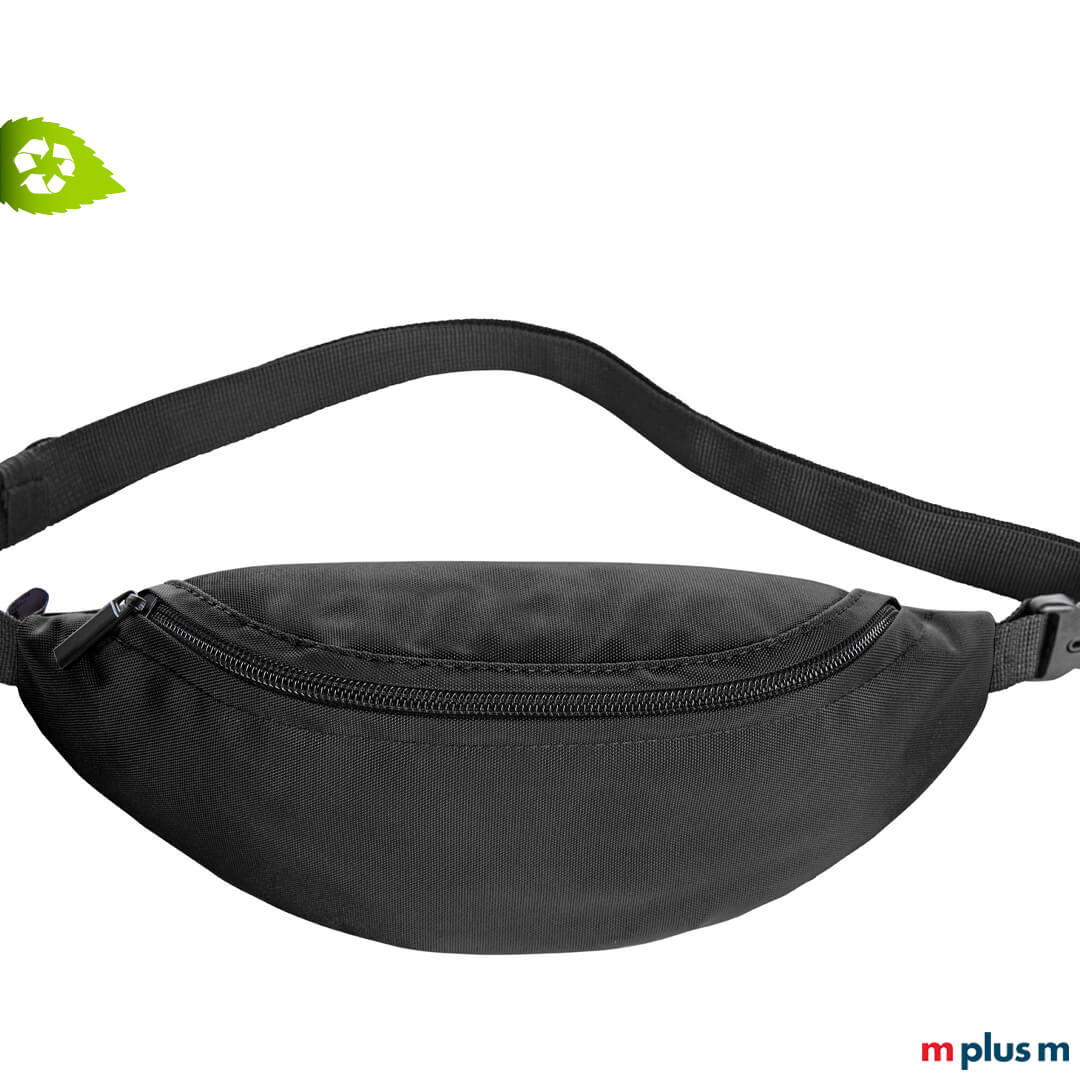 Bauchtasche schwarz aus RPET Stoff bedrucken mit Logo Motiv als nachhaltiger Werbeartikel