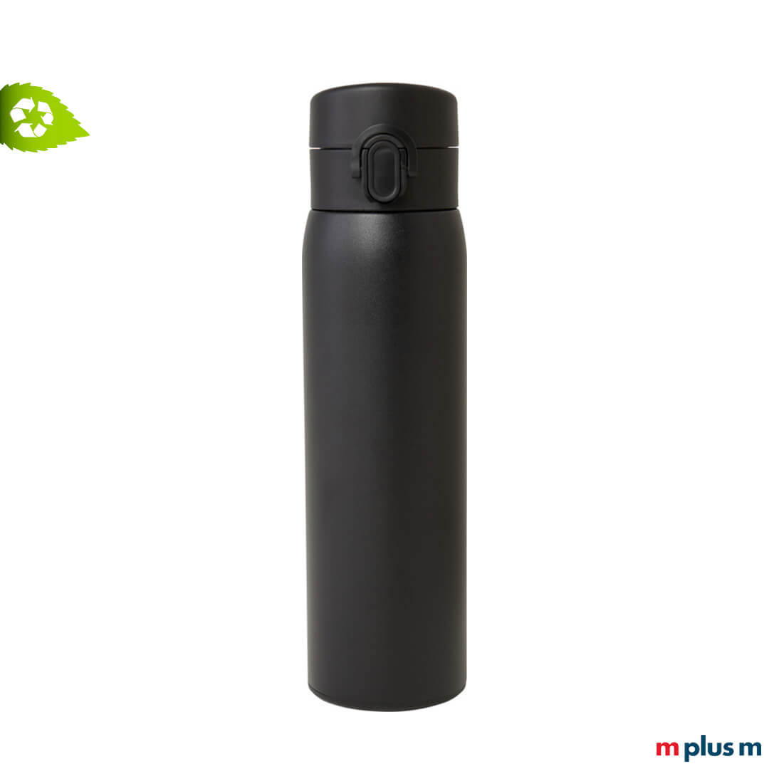 Schwarzer Edelstahl Coffee To Go Thermobecher aus Recycling Edelstahl. Ab 50 Stück mit Logo Gravur als Werbeartikel.