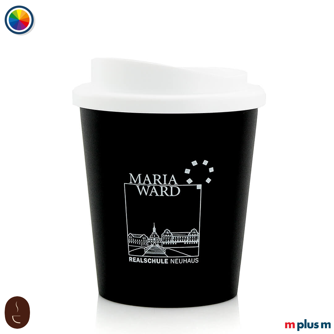 Schwarz-weißer Early Bird Thermobecher 250 ml mit Luftisolierung und Schraubdeckel, funktionaler Werbebecher hochwertig mit Logo bedrucken