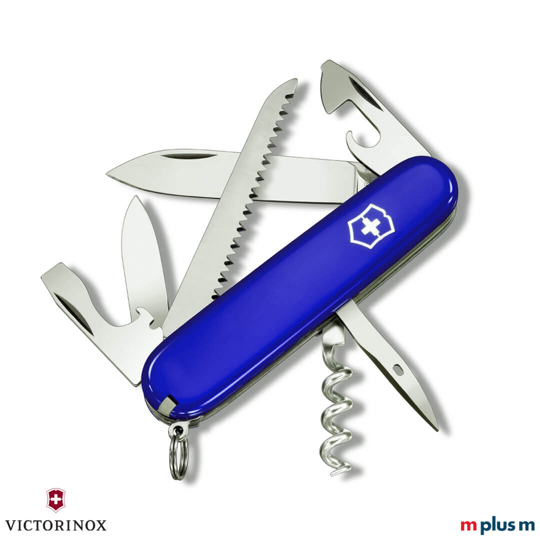 Victorinox Camper Schweizer Taschenmesser in Blau ausgeklappt – praktisches Campingmesser mit Werbedruck
