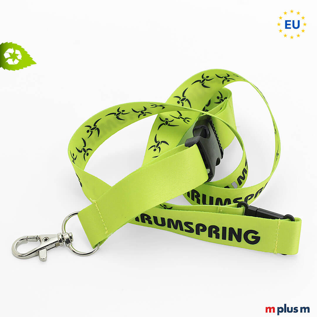 Vollfarbig bedrucktes Schlüsselband Lanyard aus PET Flaschen recycling Material. Aus der EU und komplett in Ihrer Farbe und mit Ihrem Design. Preiswert!