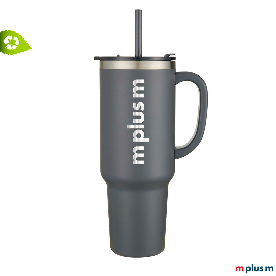 Thermobecher in grau aus recycling Edelstahl mit Logo gravieren