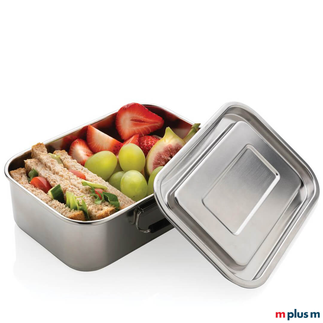 Die 'Iris' Edelstahl Brotdose fasst 1.000 ml und ist absolut auslaufsicher. Die Recycling Dose ist mit Logo Druck ein idealer Werbeartikel 