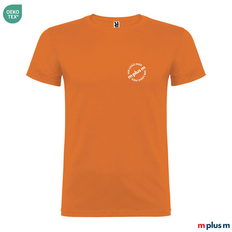 Orangefarbenes Kurzarmshirt aus Baumwolle mit Firmenlogo bedrucken – ab 50 Stück, schnelle Lieferung möglich