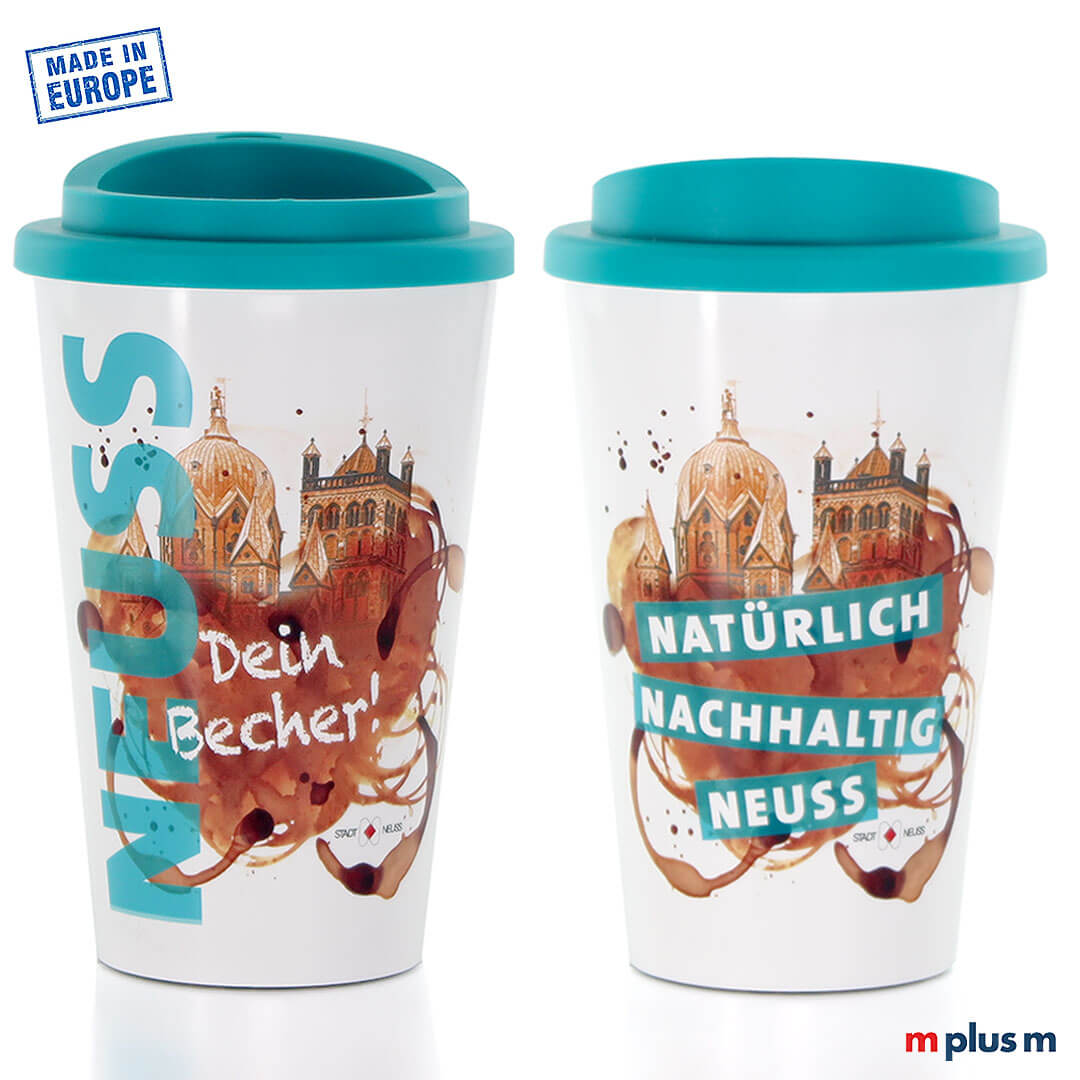 Allover Coffee Shop Thermobecher (350 ml) aus BPA-freiem PP, doppelwandig isoliert und rundum bedruckbar mit Logo personalisiert