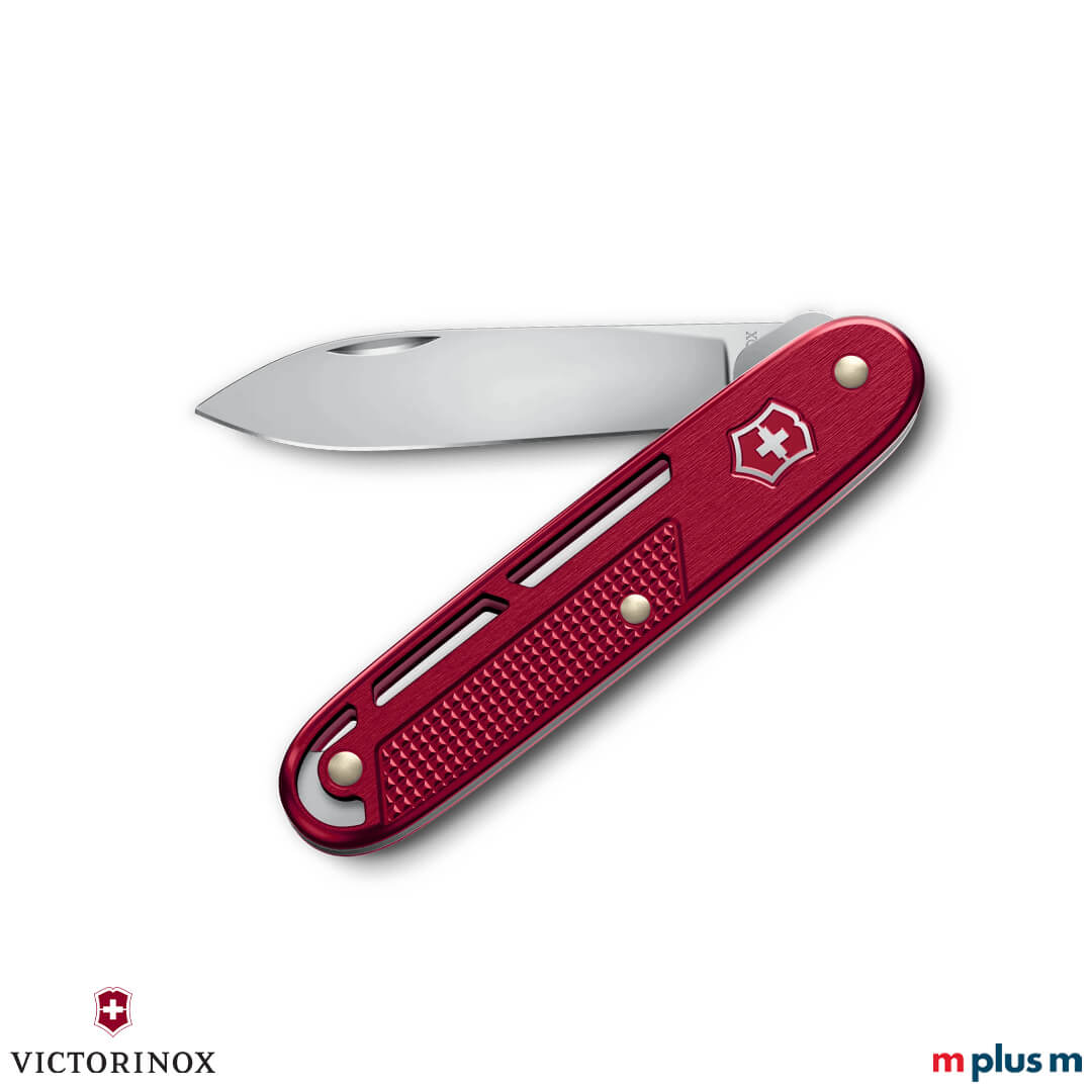 Rotes Onefold Alox Taschenmesser geöffnet mit mehreren Funktionen und widerstandsfähigen Alox-Schalen