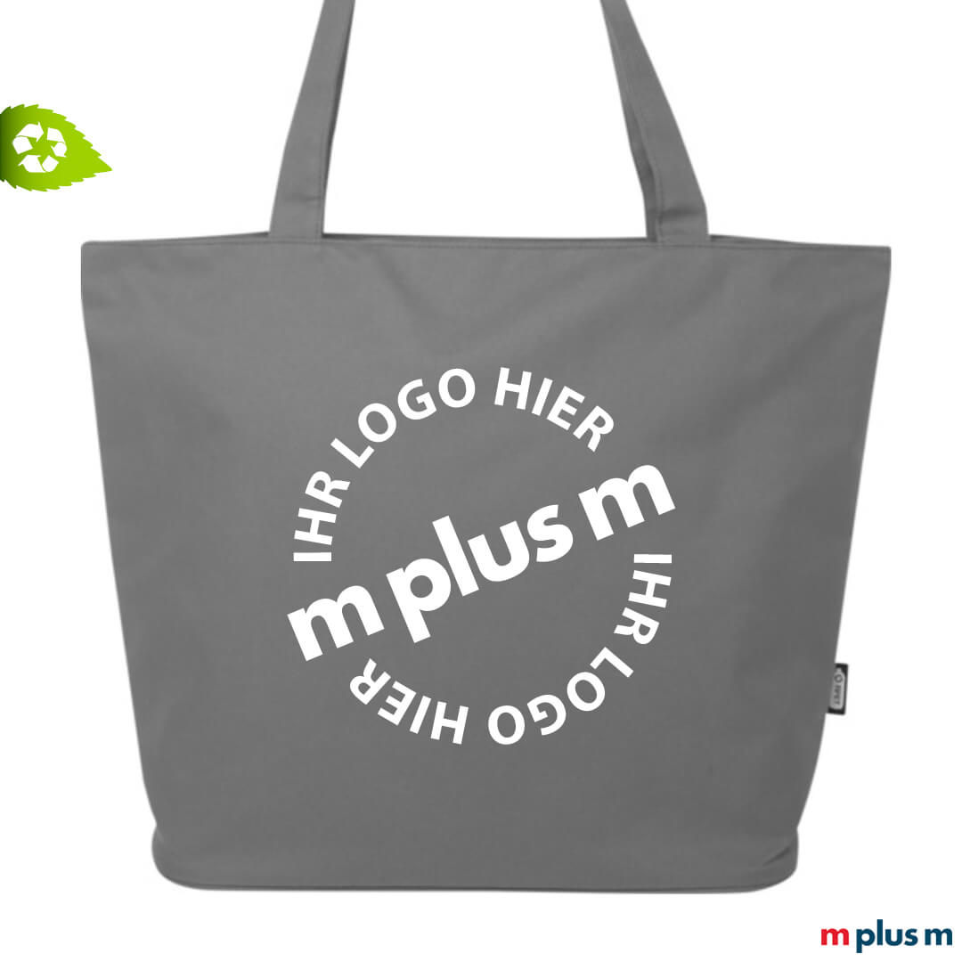 Graue Strandtasche mit Logo-Druck als nachhaltiges Werbemittel