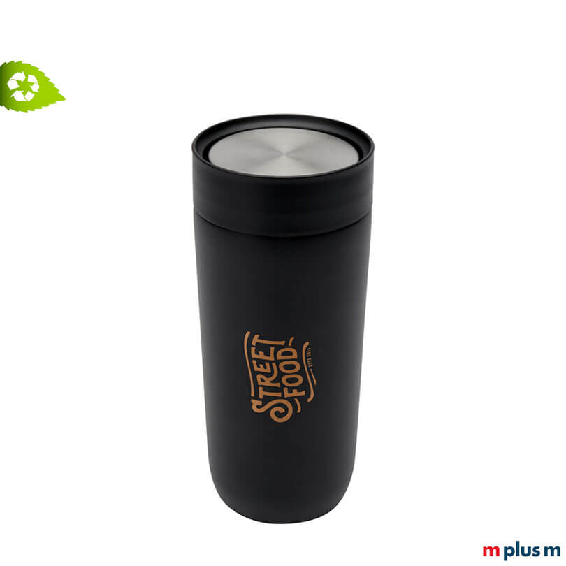 Logo Druck auf Narvik Thermobecher in Schwarz. Recycling Edelstahl mit robuster Pulverbeschichtung