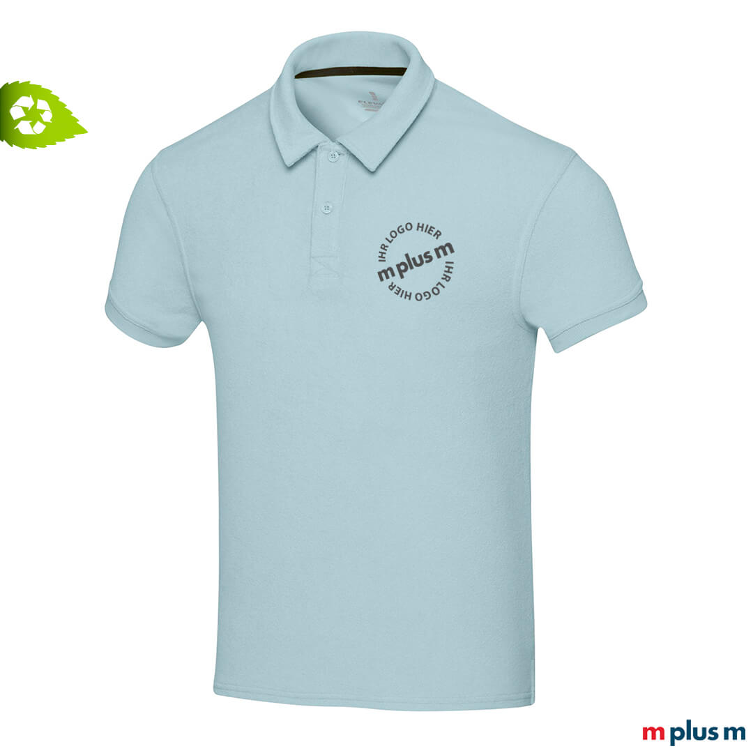 Recycling Frottee Poloshirt in Hellblau günstig mit Logo bedrucken – Express Lieferung