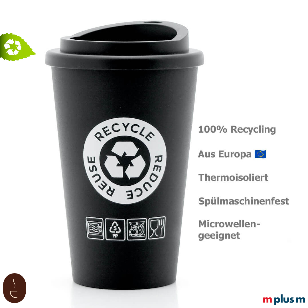 Recycling Coffee To go Becher aus Europa mit individuellem Aufdruck. Spülmaschinenfest.