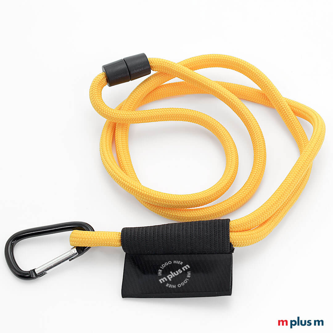 Nautic Kordel Schlüsselband in einfarbig Gelb nach Pantone Vorgabe und mit großem Alu-Karabiner (optional gegen Aufpreis). Werbeartikel in Sonderanfertigung