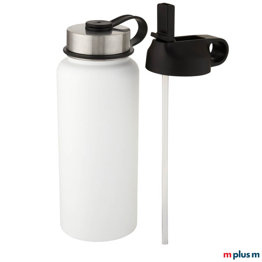 Die 'Lund' Edelstahl Thermo Sportflasche wird mit zwei Deckeln geliefert