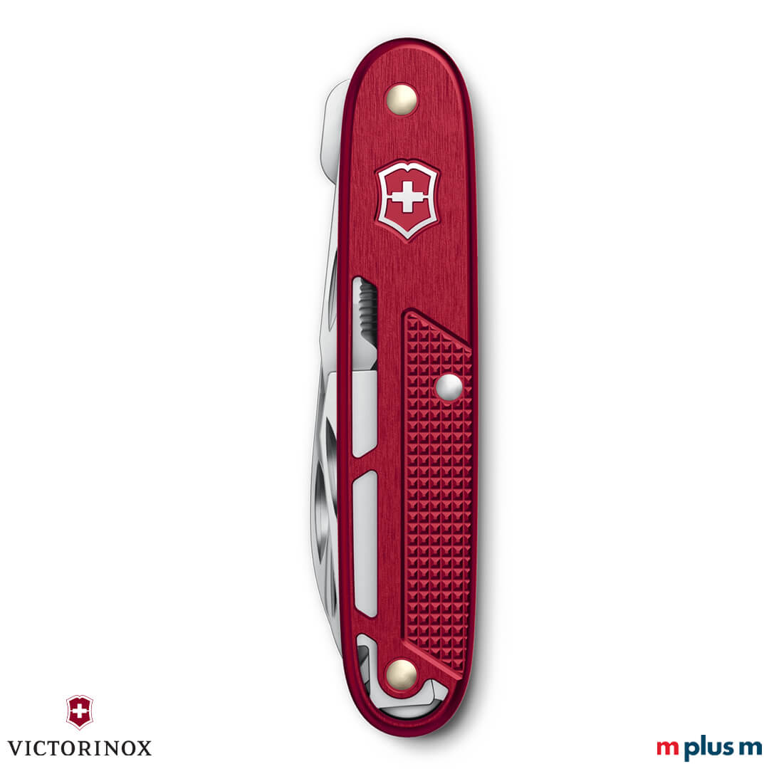 Rotes Synergy X Alox Taschenmesser geschlossen mit strukturierten Aluminium-Schalen und Swiss Made Verarbeitung