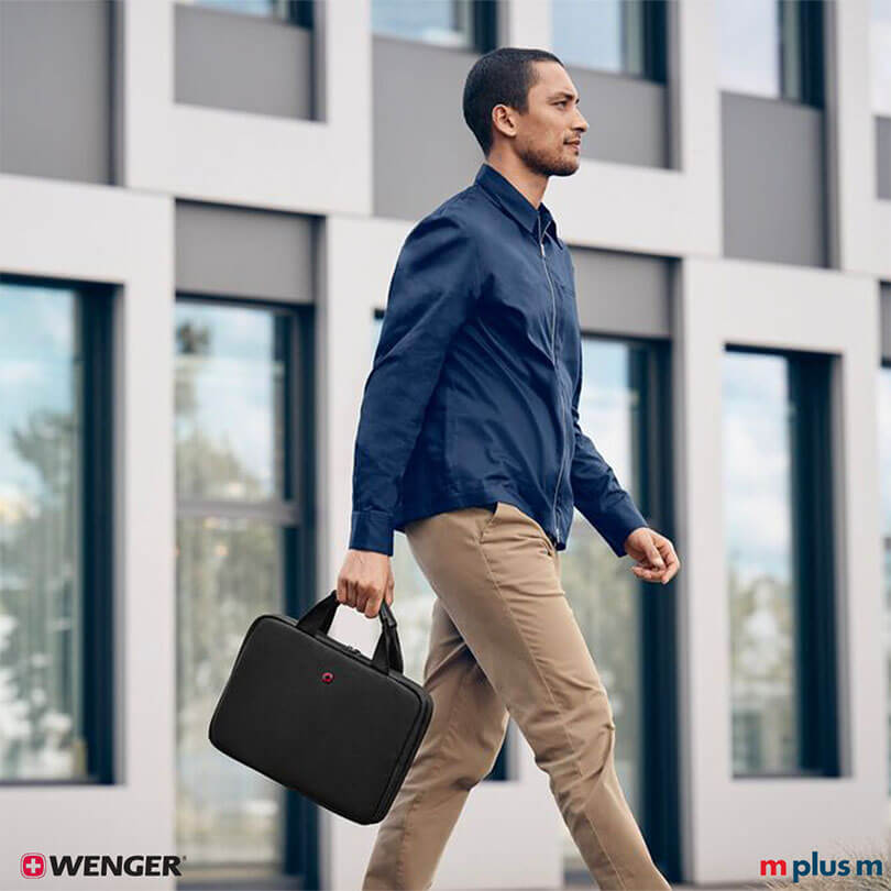 Wenger Guyde 14 Laptoptasche schwarz mit Reißverschlussfach und ergonomischen Tragegriffen, hochwertige Laptop Hülle funktional mit Logo Druck personalisieren