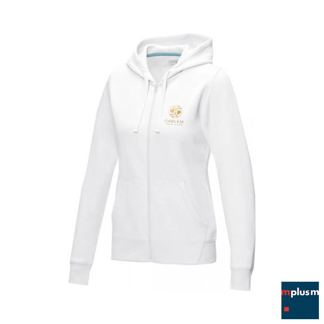 Weiße Damen Hoodie Jacke mit Bio Baumwolle mit Logo besticken