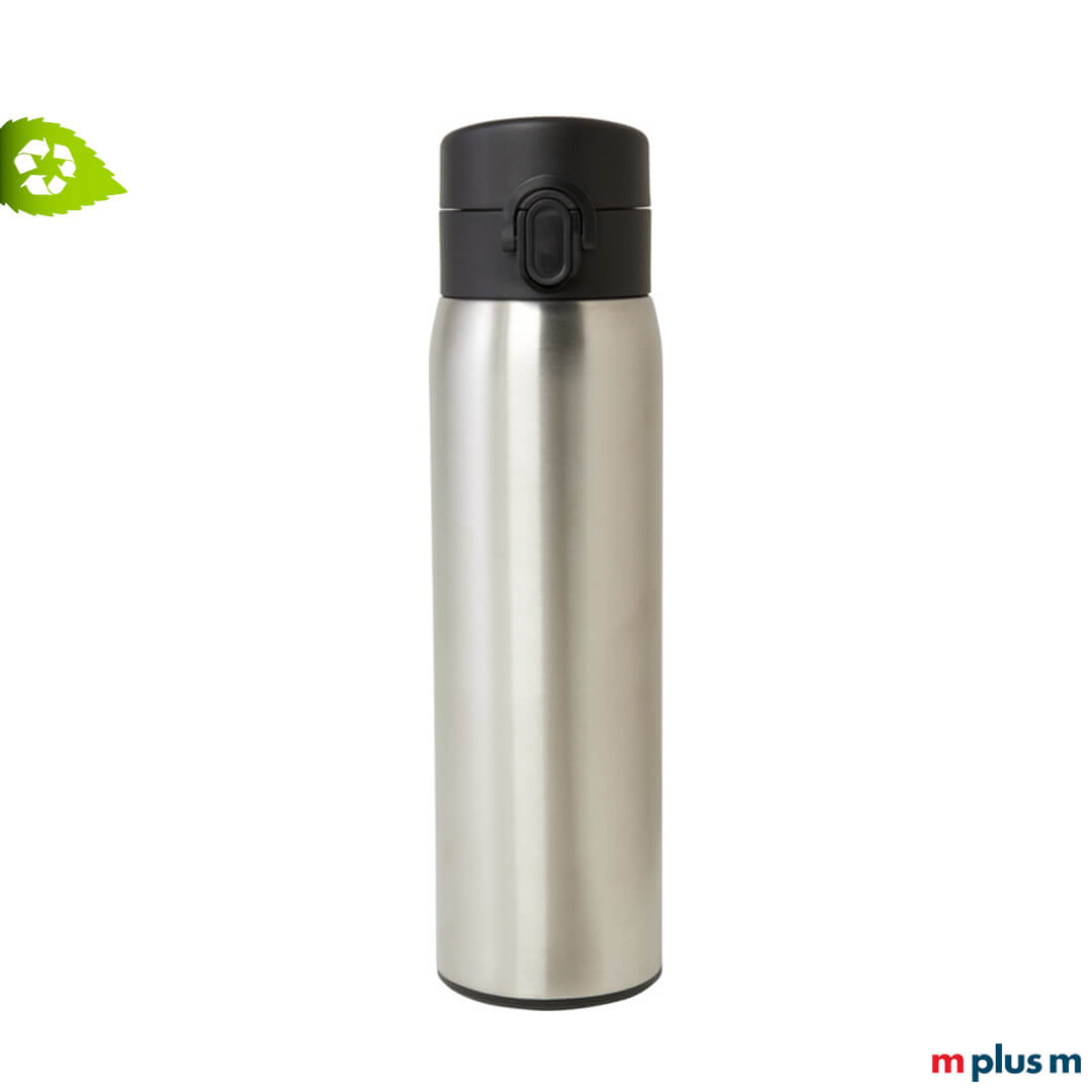 Silberner Thermobecher aus Recycling Edelstahl. Ab 50 Stück mit Logo Gravur als Werbeartikel.