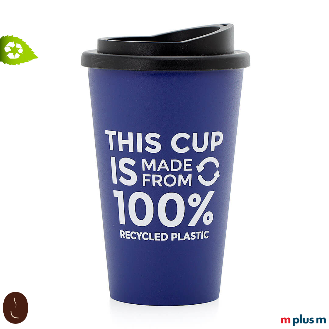 Blauer Coffee To Go Becher aus Recycling Kunststoff mit 1c Logo spülmaschinenfest bedrucken