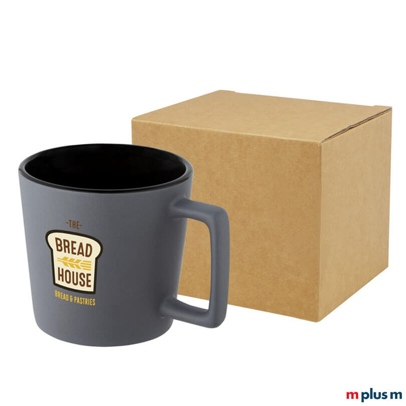 Grau-schwarze Keramiktasse mit Logo bedruckt