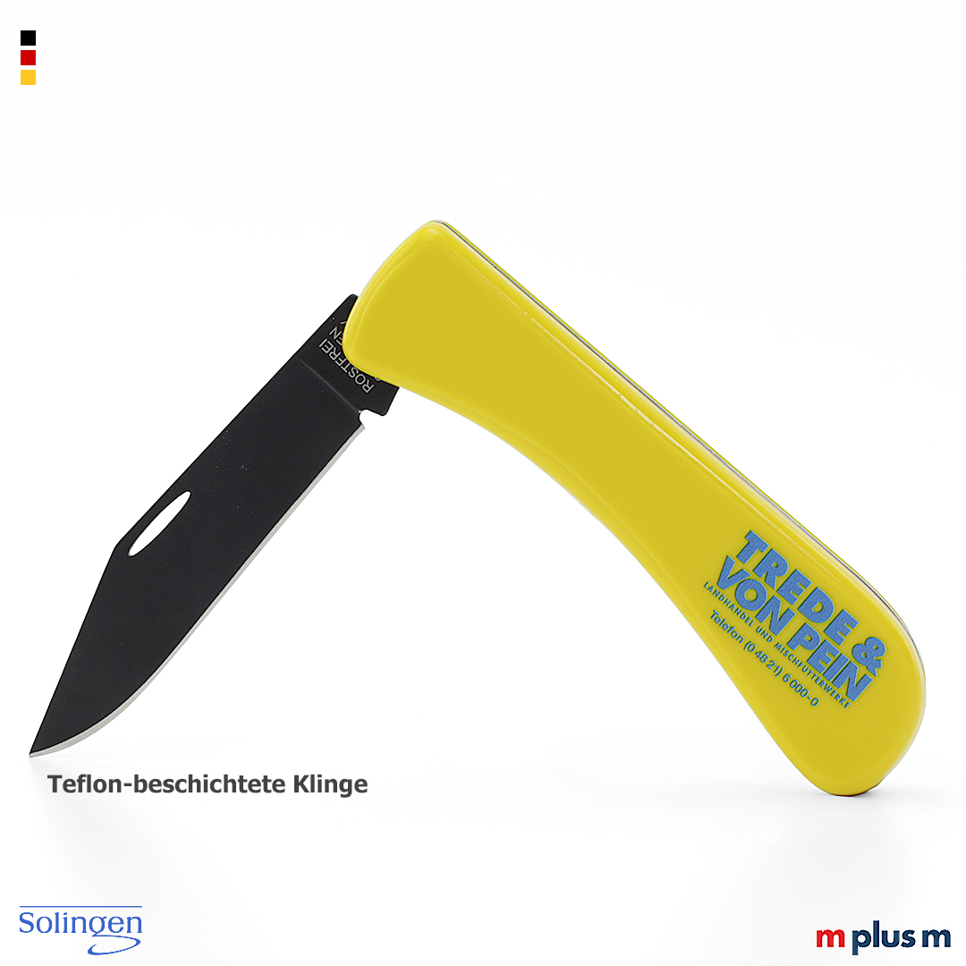 Gelbes Taschenmesser mit Teflon-Beschichtung und Logo Druck als Werbegeschenk
