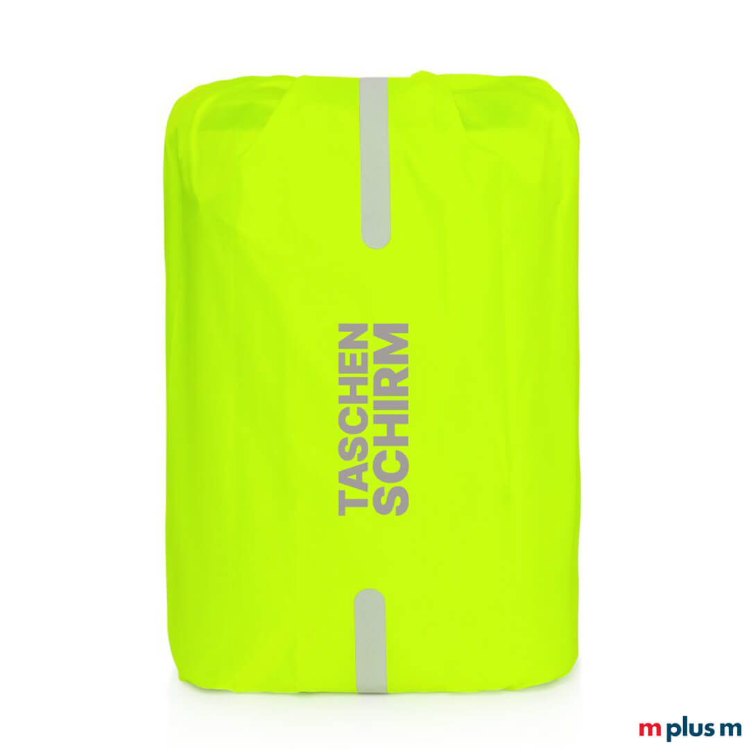 Reflex Rucksack Regenhülle neon gelb mit elastischem Kordelzug und Querfixierung, idealer Regenschutz für Rucksäcke mit Logo Druck personalisieren