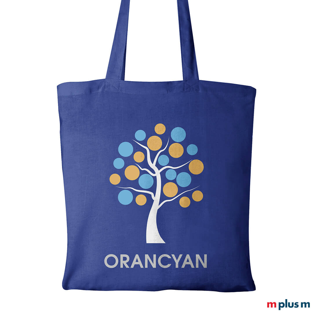 Blaue Stofftasche mit Logo als Werbegeschenk bedrucken