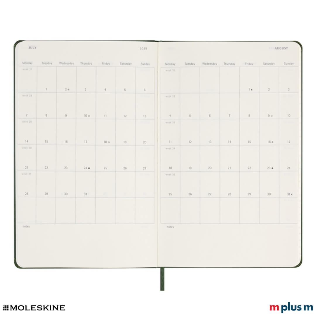 Dunkelgrün Moleskine Wochenkalender 2025 L, Hardcover, mit Monatsübersicht und Aufklebern