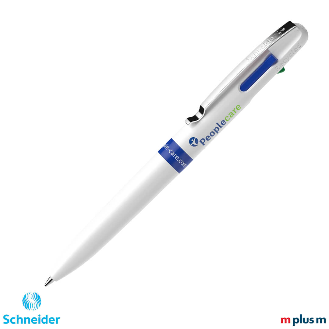 Schneider Take 4 Promo Kugelschreiber blau mit komfortablem Farbwechsel durch farbige Drücker, funktionaler Vierfarb-Stift hochwertig mit Logo Druck personalisieren