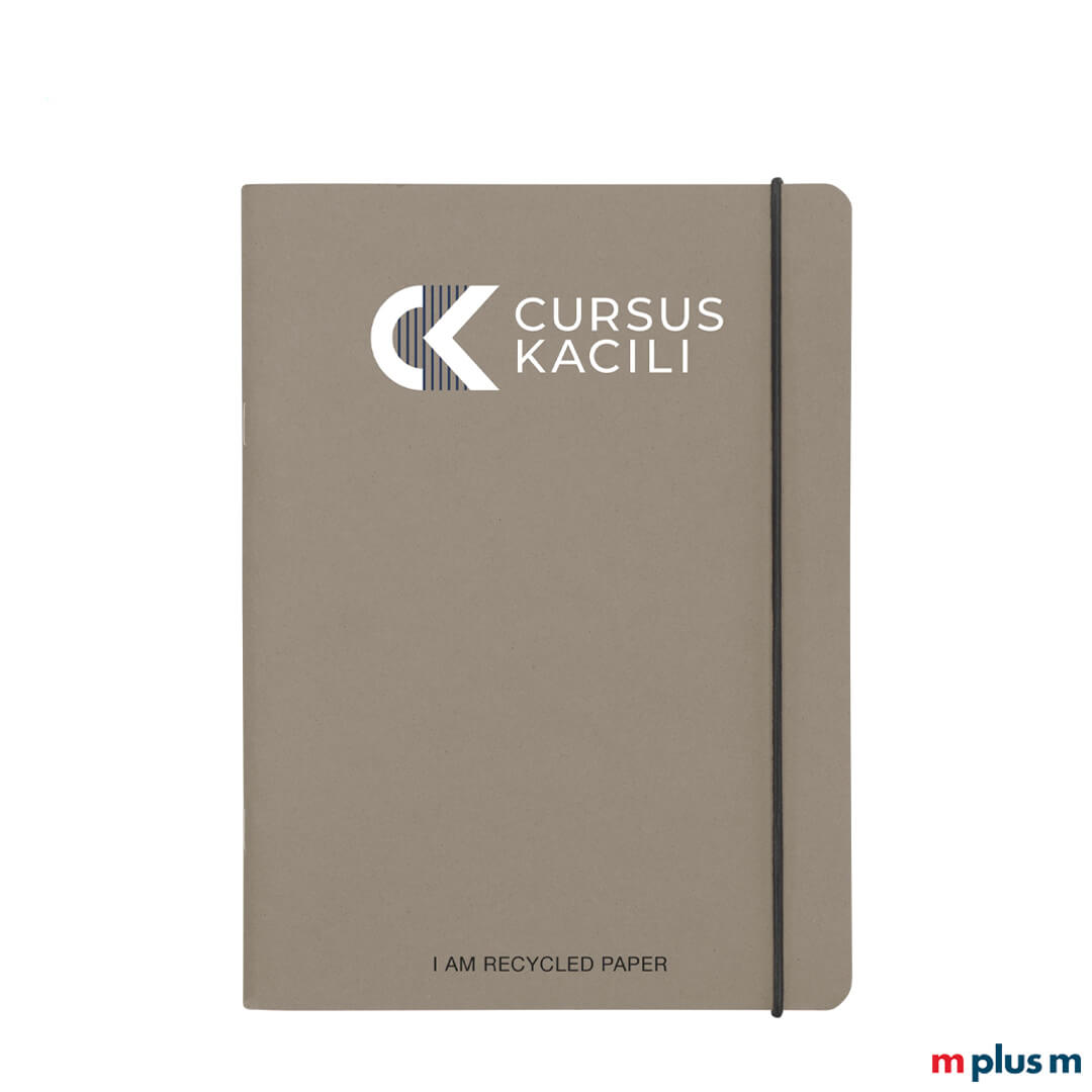 Recycled Notizbuch mit Logo bedruckt als nachhaltiges Werbegeschenk mit Gummiband