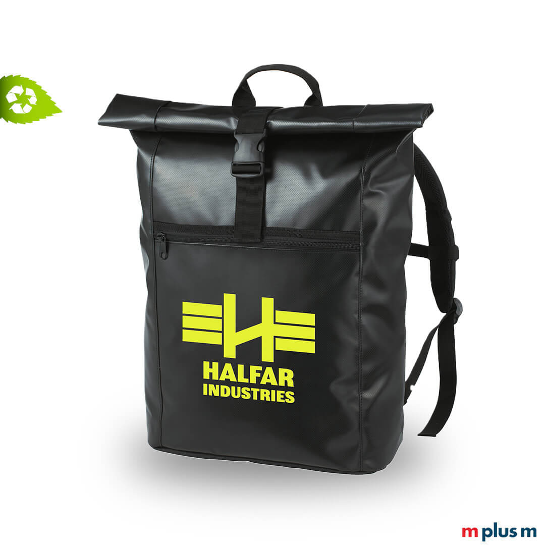 Rolltop-Rucksack aus LKW-Plane mit Logo bedrucken – wetterfest, robust und ideal für Werbeanwendungen.