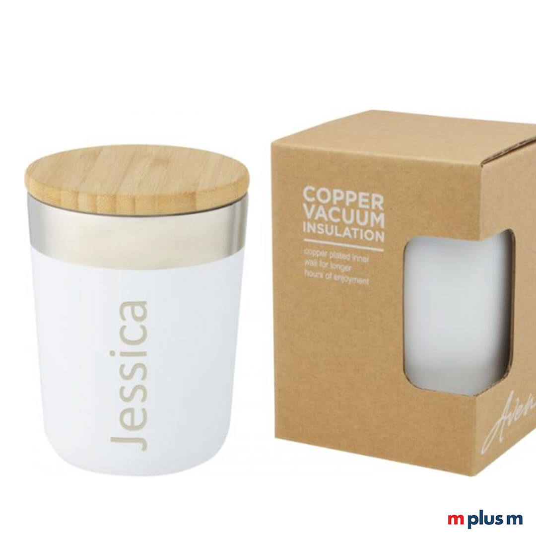 Weißer Lagan Edelstahl Thermobecher (330 ml) mit Bambusdeckel, vakuumisoliert und BPA-frei, nachhaltiger Werbebecher hochwertig mit Logo bedrucken