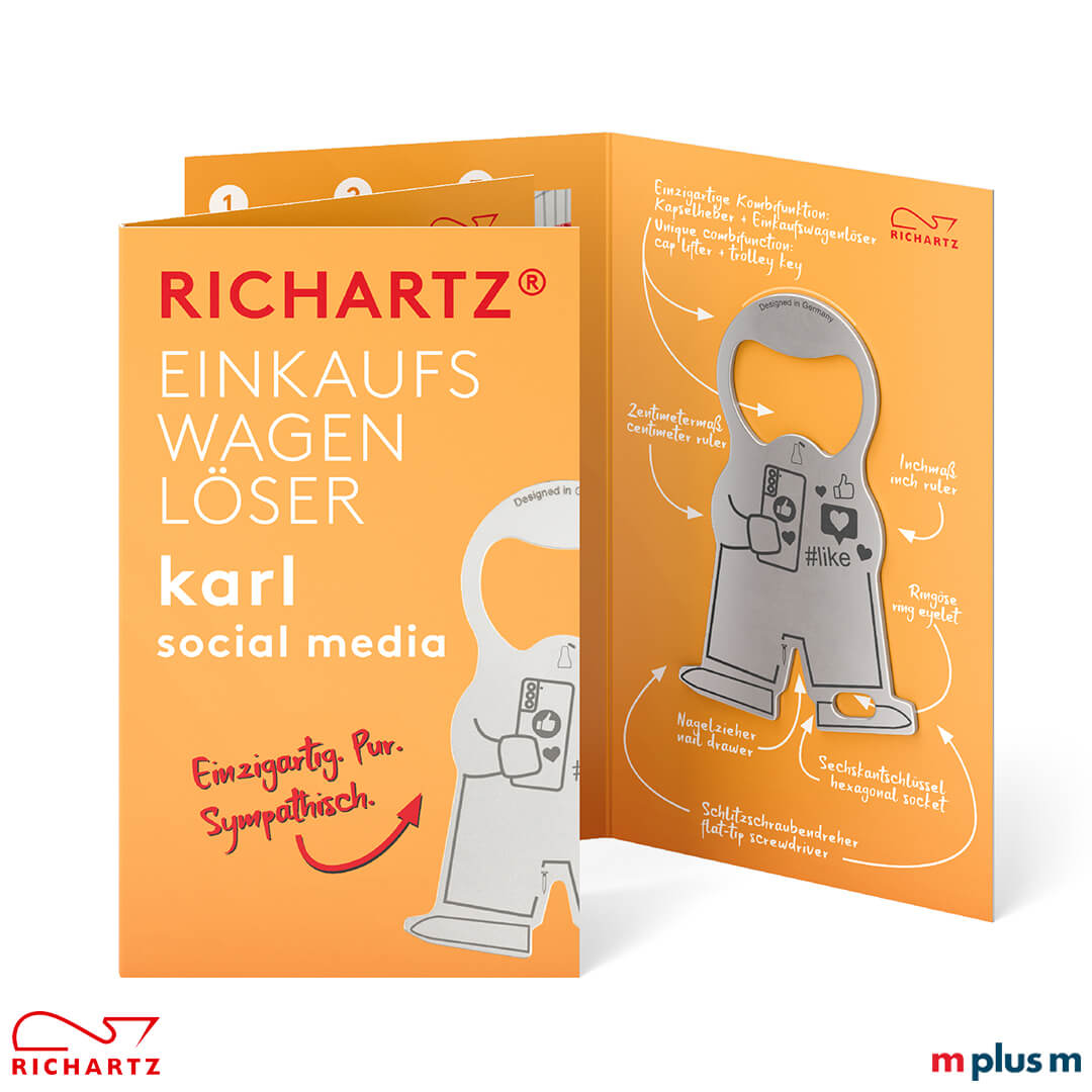 Die Klappkarte mit den Standardmotiv für Einkaufswagenlöser karl socialmedia als günstiger personalisierter Werbeartikel