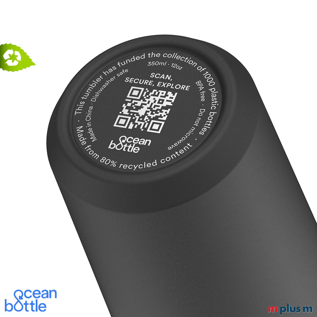 Ocean Bottle Thermobecher 350 ml schwarz mit Vakuum-Isolierung und Spritzschutzdeckel, nachhaltiger Kaffeebecher für unterwegs modern mit Logo Druck personalisiert