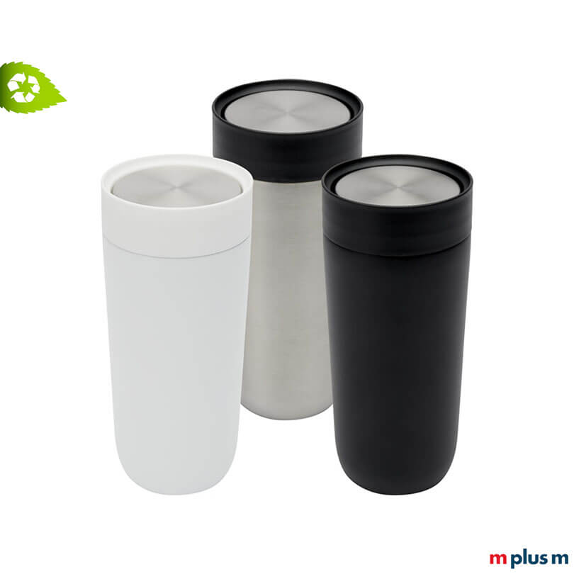 Superisolierter Thermobecher aus Recycling ♻️ Edelstahl mit Keramikbschichtung im Becher. Leicht zu reinigen, 360 Grad Trinköffnung und ein-Finger-Verriegelung. Mit Logo Gravur.